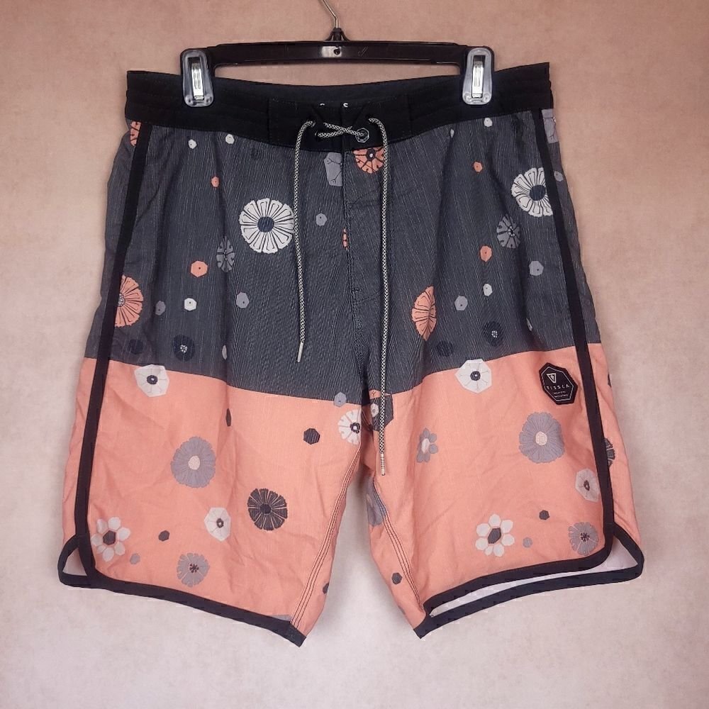Vissla Gray Pink Colorblock Floral Swim Trunks Board Shorts Size 32